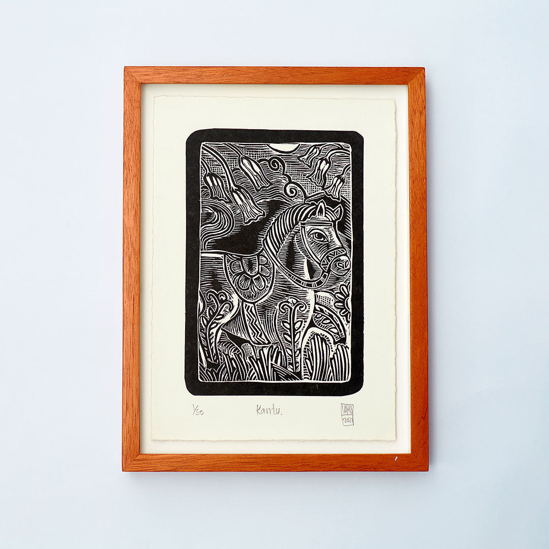 peruanischer Linoldruck mit Pferdchen von Alberto Lama, gerahmt, grösse A4