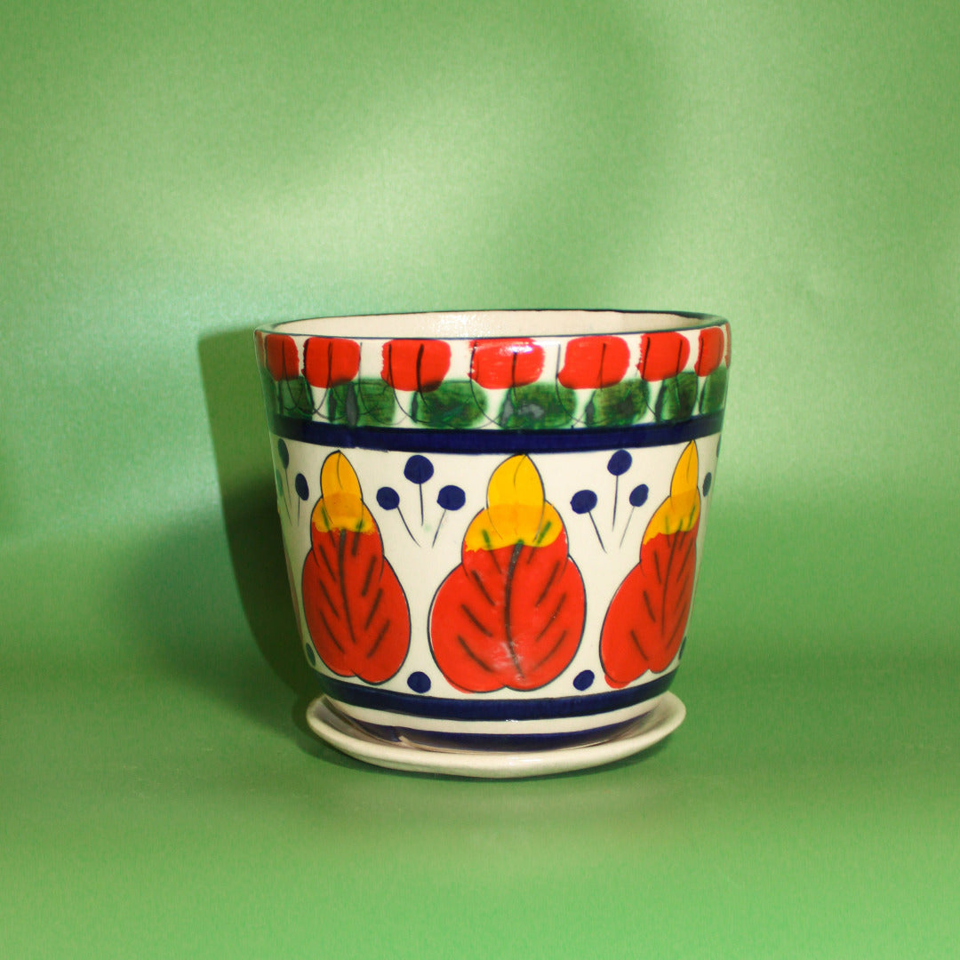 farbiger Blumentopf mit floralem Muster inkl. Untertopf zum Direkteinpflanzen