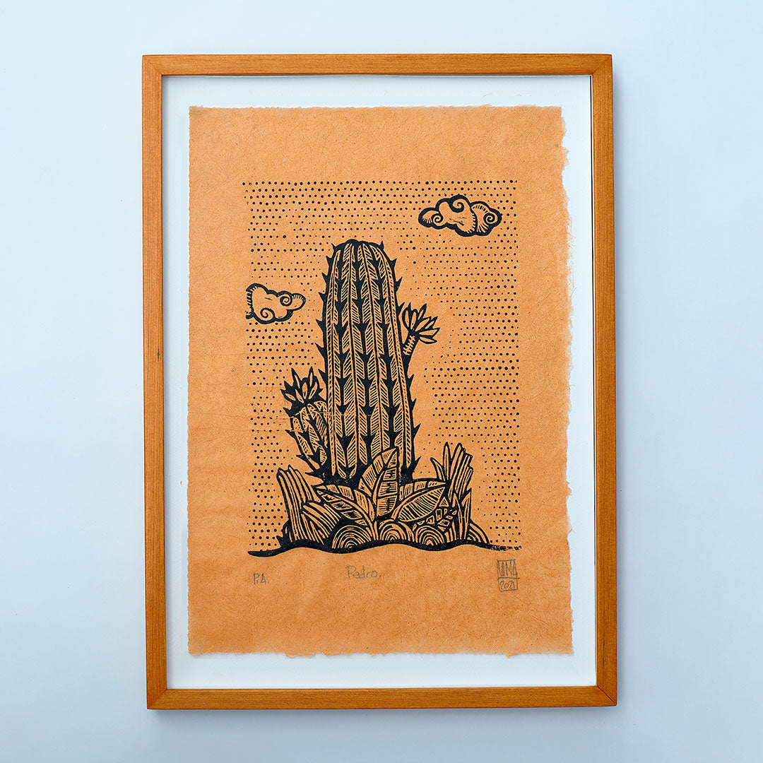 peruanischer Linoldruck mit Kaktus von Alberto Lama, gerahmt, grösse A3