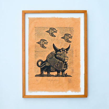 peruanischer Linoldruck mit Stier und Vögel von Alberto Lama, gerahmt, grösse A3